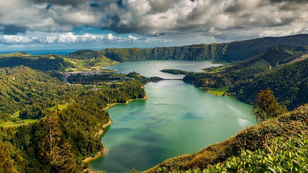 green landscape and lake in Azores