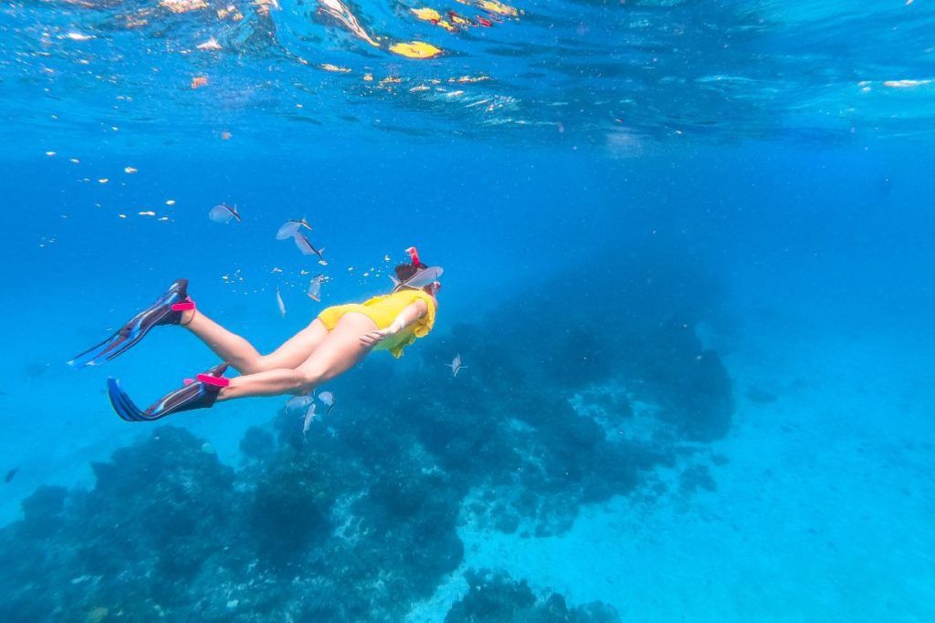 a woman swims in cozumel blue water