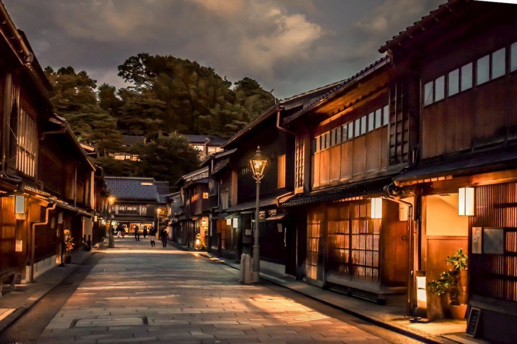 Traditional houses in Kanazawa at dusk