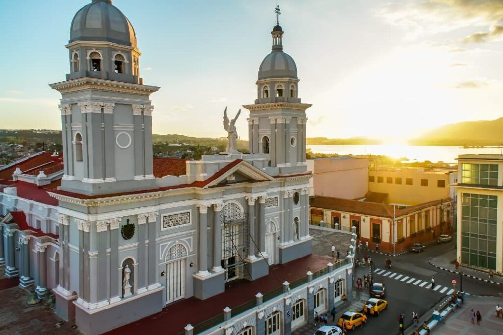 Grey cathedral in Santiago de Cuba at sunset