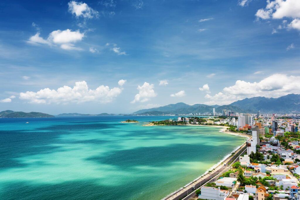 buildings on the Nha trang coast overlooking the blue sea