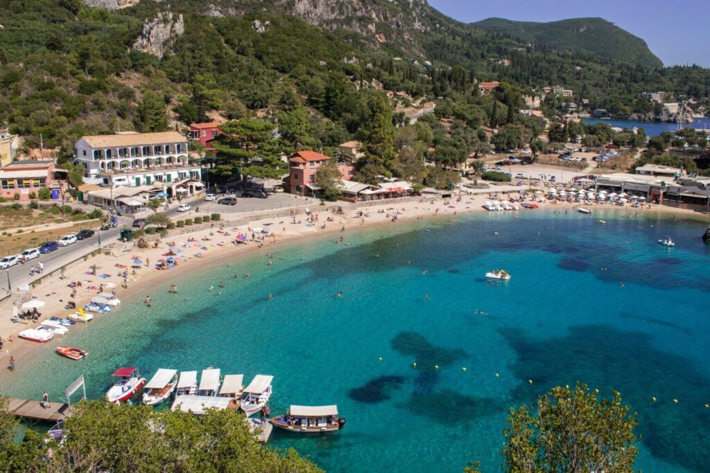 Aerial view of boats on the sea and the coast of Paleokastritsa