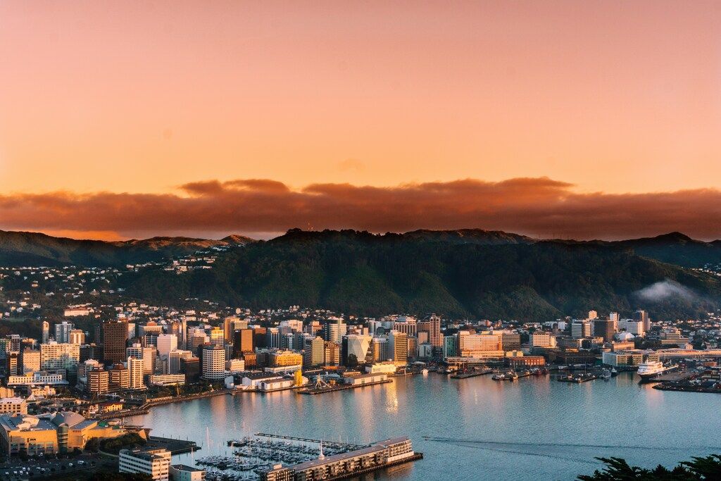 Aerial view of the city buildings during sunset