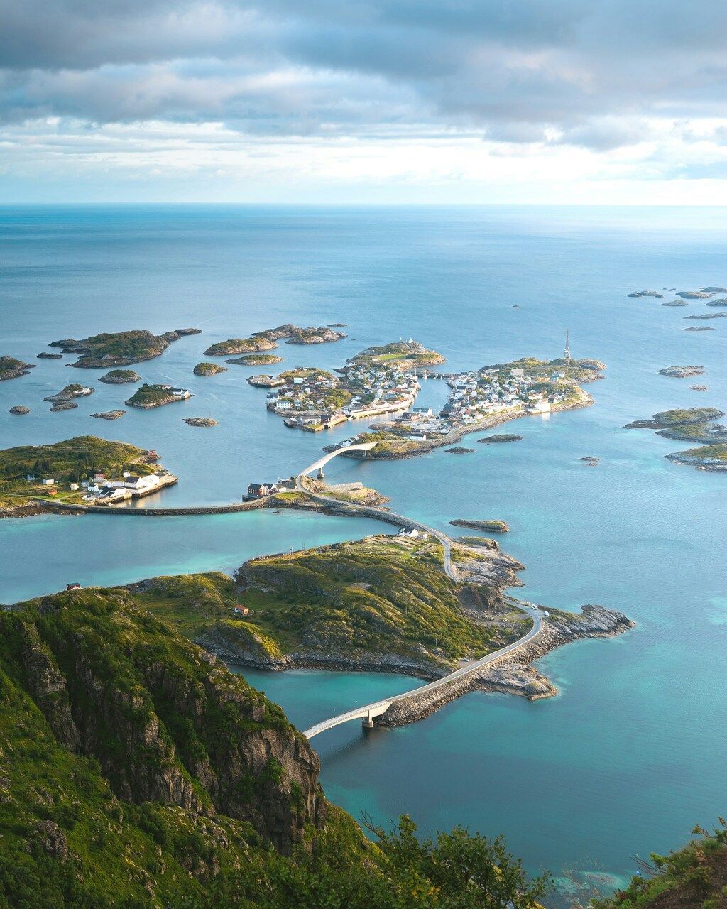 Aerial view of the picturesque fishing village of Henningsvær in the Lofoten Islands, Norway