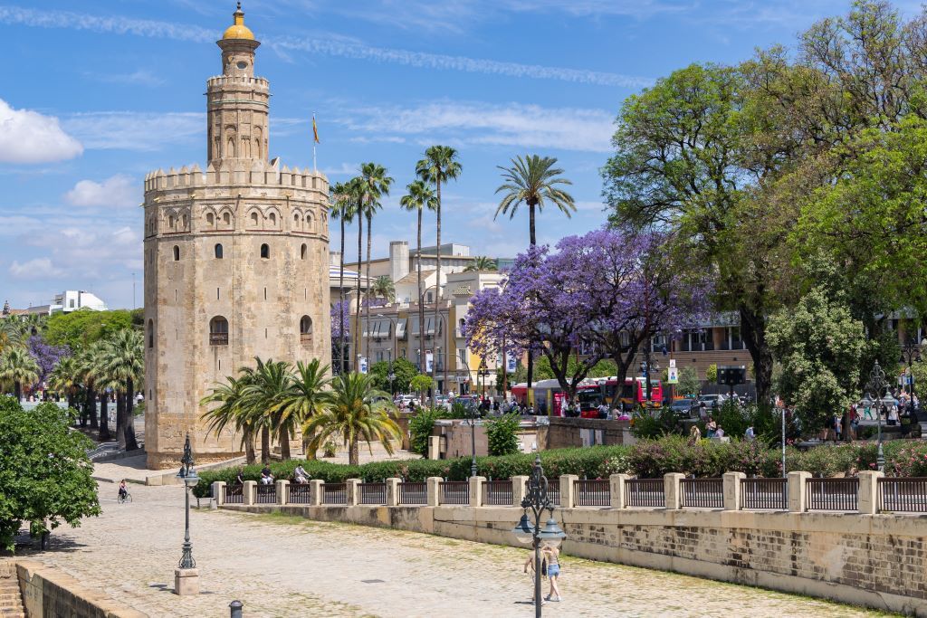 The golden Torre del Oro tower stands prominently in Seville, surrounded by palm trees and blooming purple jacarandas.