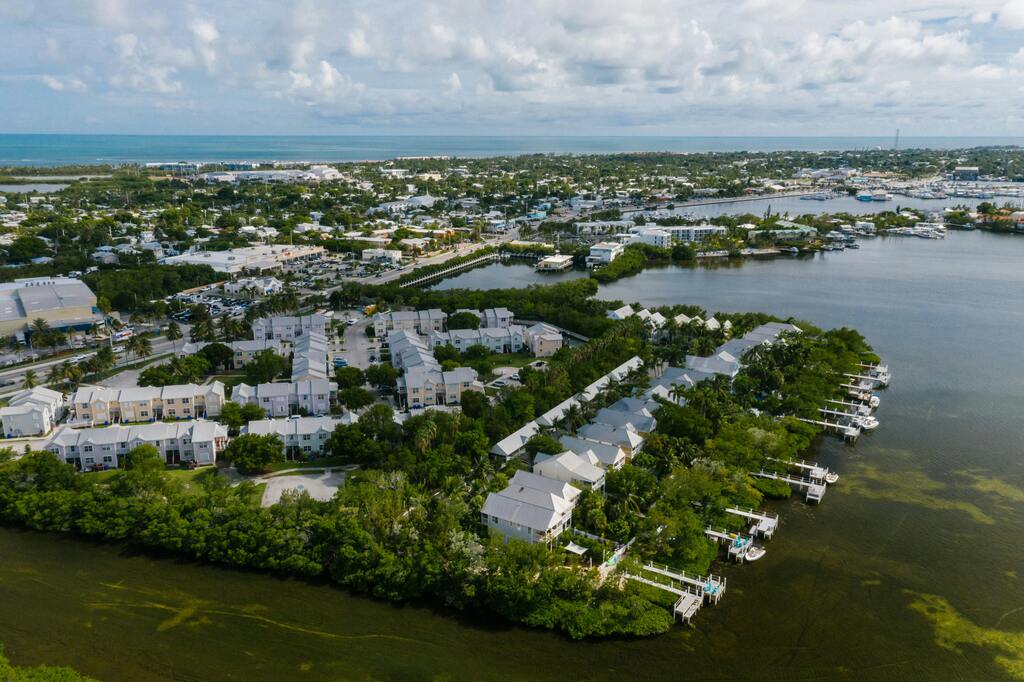 Aerial view of the beautiful waterfront homes and tropical landscape in the Florida Keys.