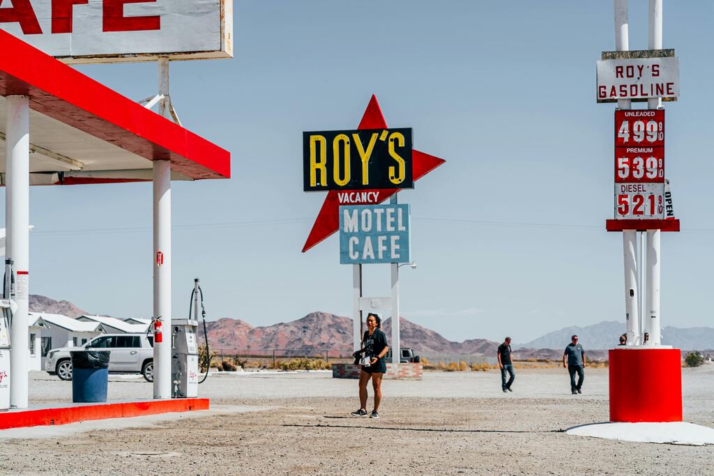 Iconic Roy’s Motel & Café sign on the historic Route 66 in the Mojave Desert, California.
