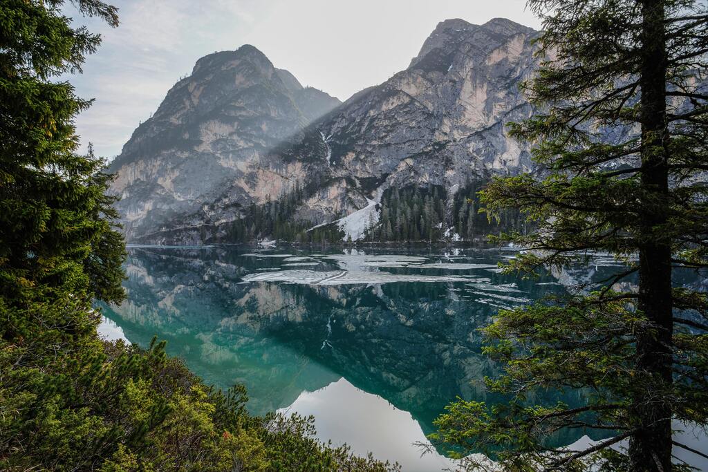 View of the Dolomites mountain range reflected in a calm, partly frozen alpine lake, framed by pine trees.