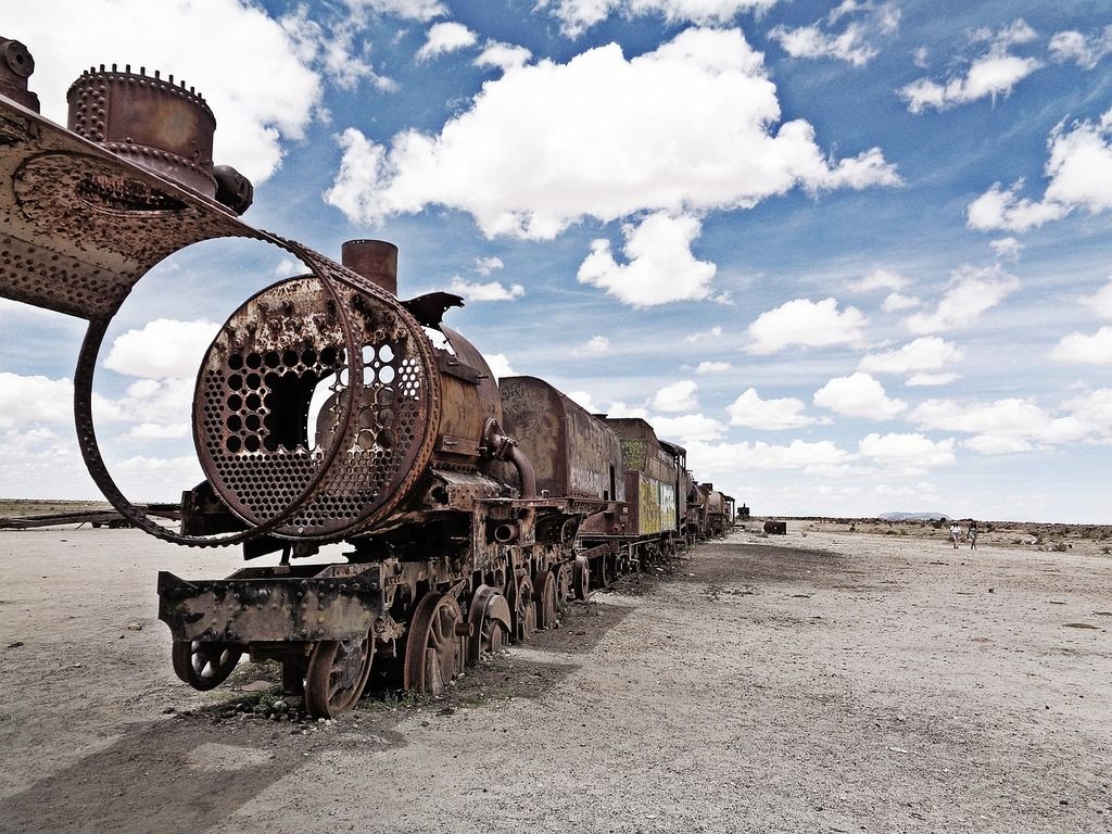  An abandoned, rusted train in the famous train graveyard near Uyuni.