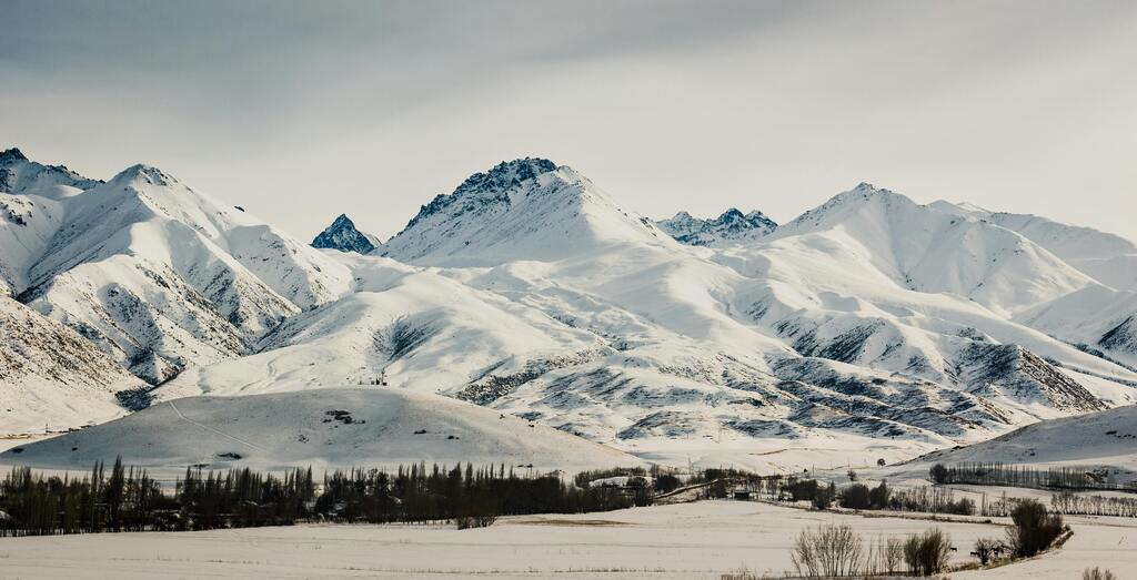 Majestic winter landscape with vast snow-covered peaks under a gray sky.