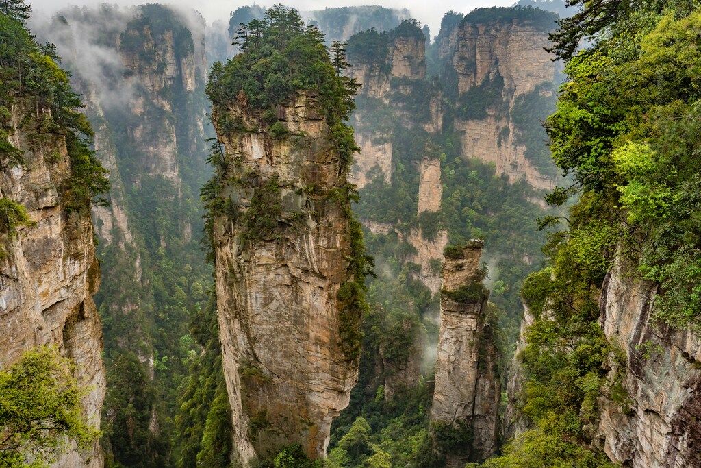 Majestic pillar-like rock formations in Zhangjiajie National Forest Park, Hunan Province.