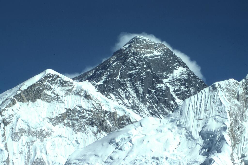 Snow-covered summit of Mount Everest in the Himalayas, Nepal