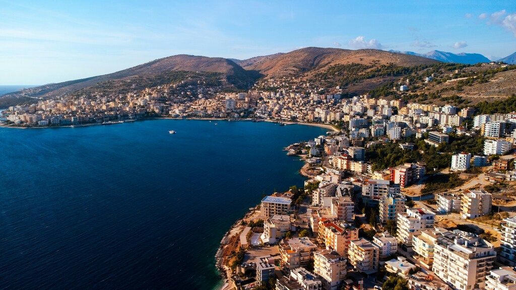 Panoramic view of the coastal city of Saranda and its bay