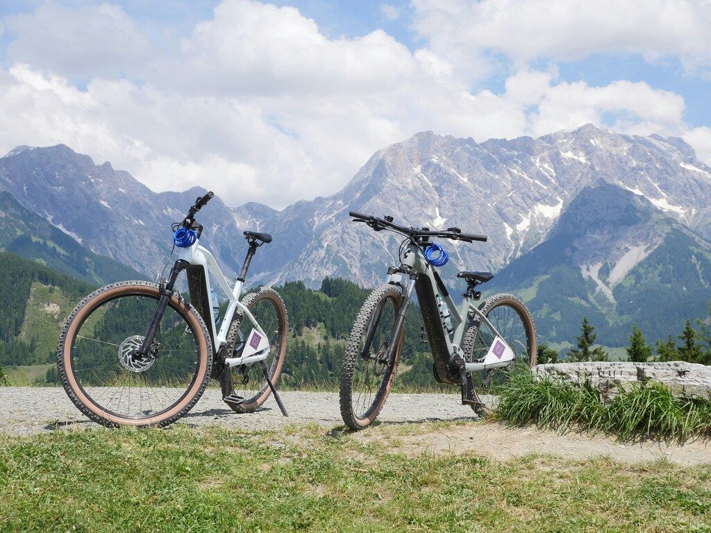 Two electric mountain bikes parked with a scenic view of the Alps in the background