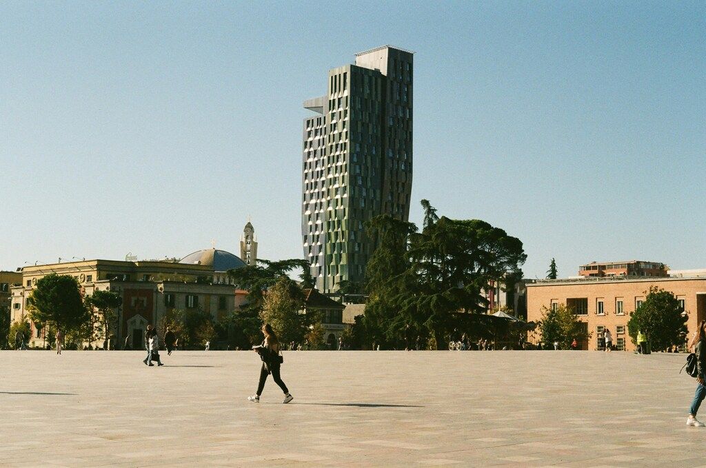 Skanderbeg Square in Tirana with modern and historical buildings
