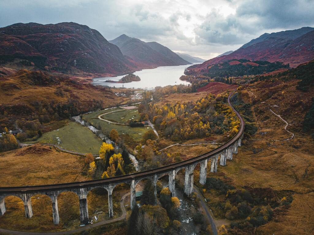 Glenfinnan Viaduct curving through the Scottish landscape in autumn