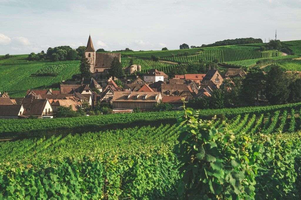 A charming village with a church steeple nestled among rolling green vineyards under a partly cloudy sky.