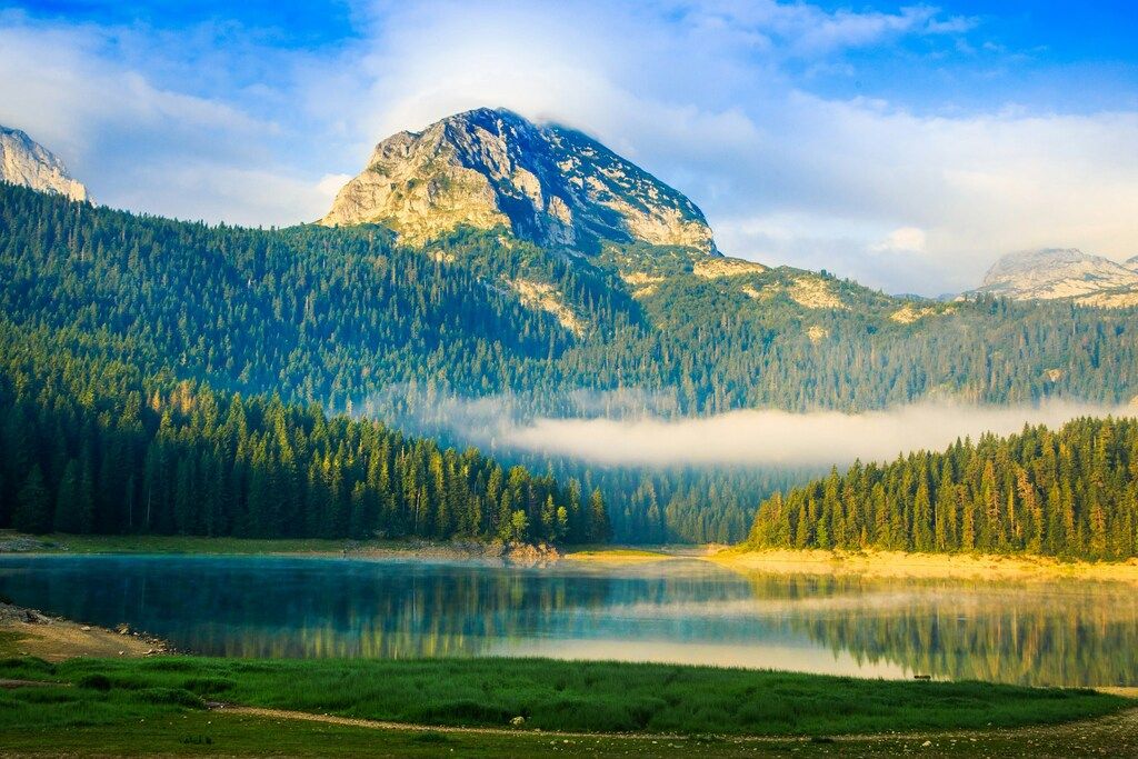 Mountain landscape with Black Lake and pine forest in Durmitor National Park, Montenegro