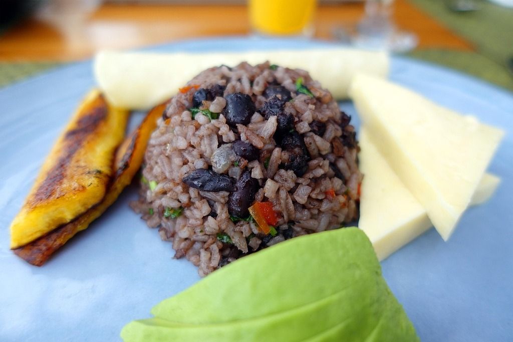 A plate of gallo pinto (rice and black beans) with sliced avocado, fried plantains, and cheese.
