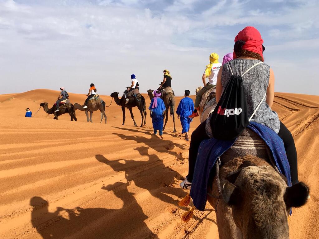 Group of WeRoad travelers riding camels across the golden sand dunes during a WeRoad desert adventure.