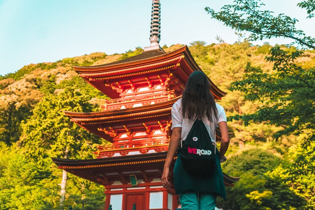 A WeRoad traveler looking at a traditional red three-story pagoda nestled in a lush green forest.
