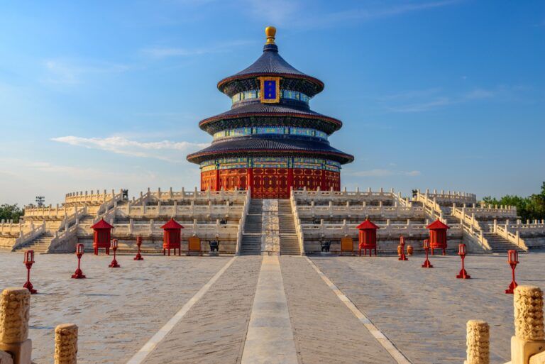 The Hall of Prayer for Good Harvests in the Temple of Heaven, Beijing, stands on a triple-tiered marble terrace.