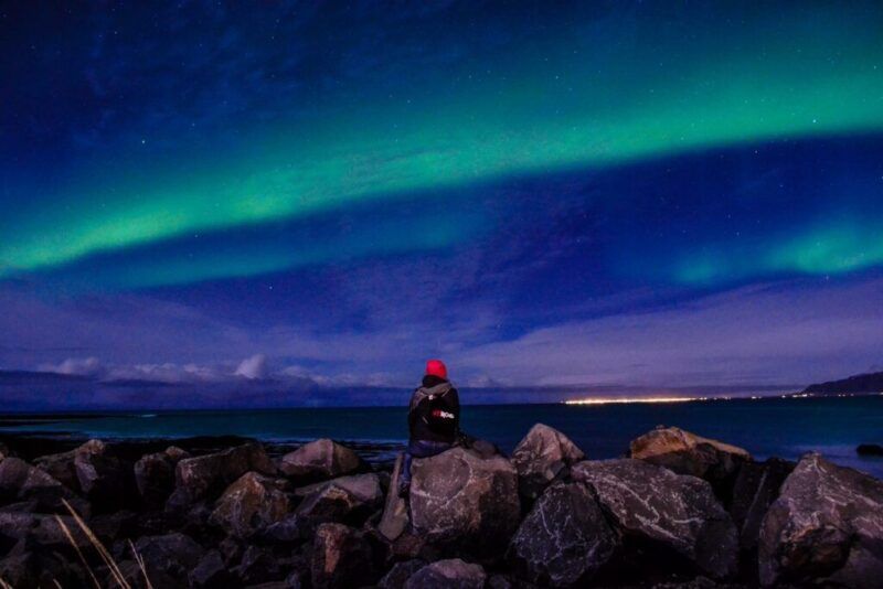 A traveler watches green northern lights over the sea in Iceland.