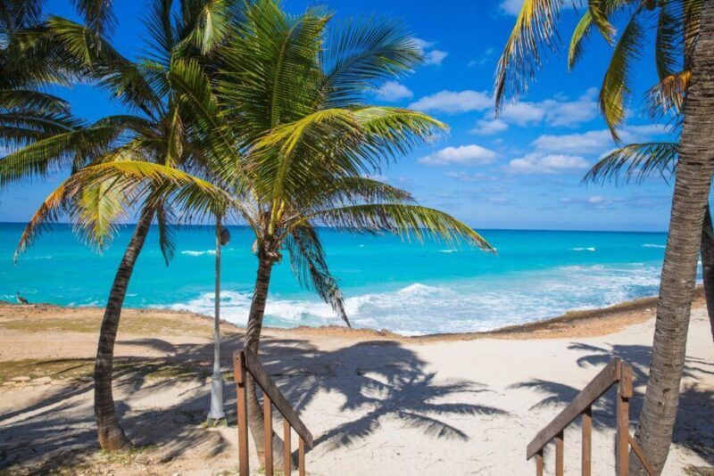 A beautiful view of a turquoise sea and white sand beach framed by palm trees in Varadero.