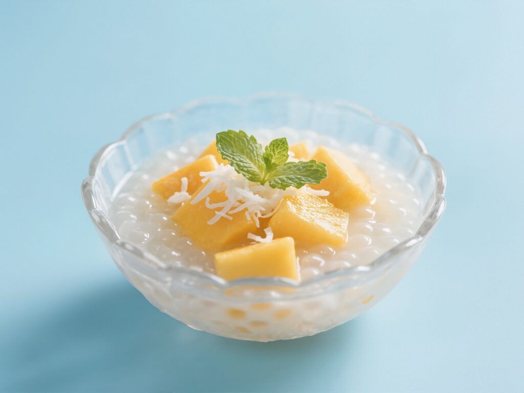 A glass bowl of creamy Sago Pudding topped with fresh mango cubes, shredded coconut, and a mint leaf.