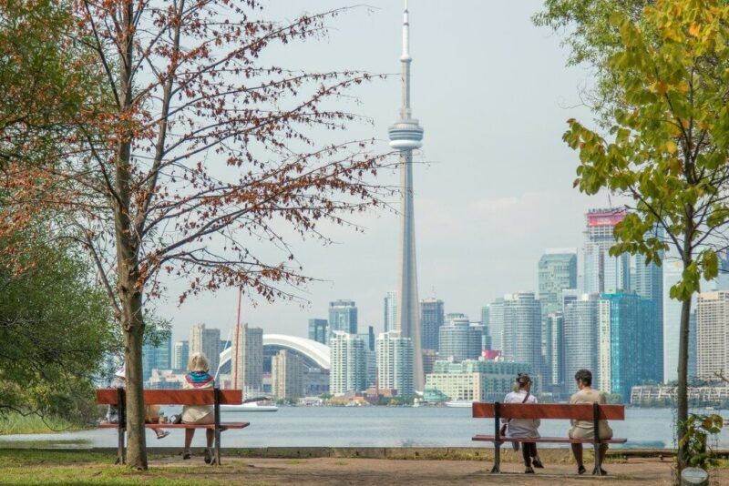 People sitting on park benches overlooking the Toronto skyline with the iconic CN Tower prominently in the center