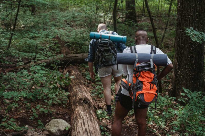 Two hikers with large backpacks and sleeping mats walking along a wooded forest trail on a summer day
