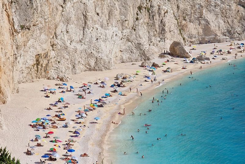 Aerial view of Porto Katsiki beach in Lefkada, Greece, with turquoise water, white limestone cliffs, and colorful beach umbrellas