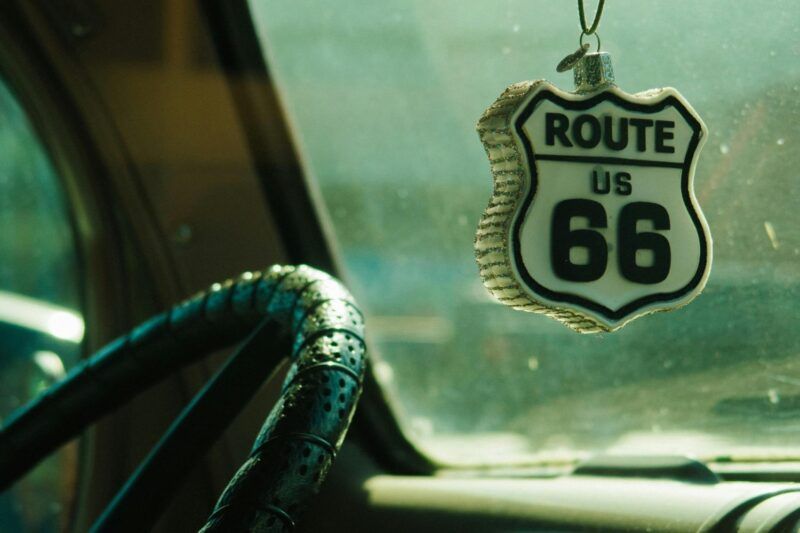 Route 66 hanging charm inside a car