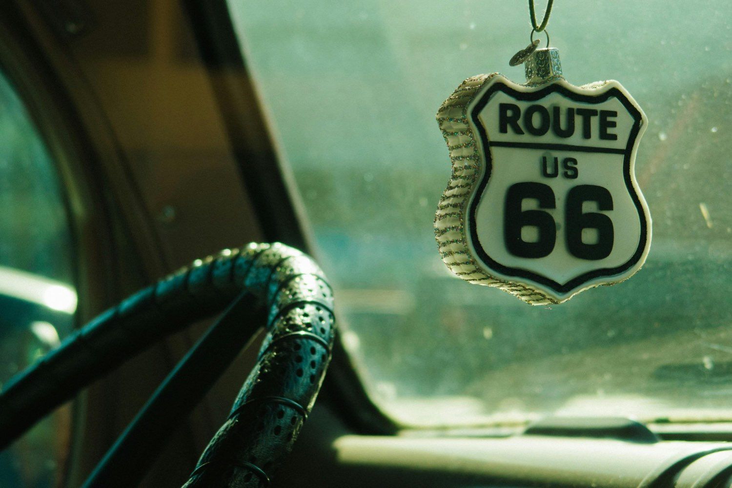 Route 66 hanging charm inside a car