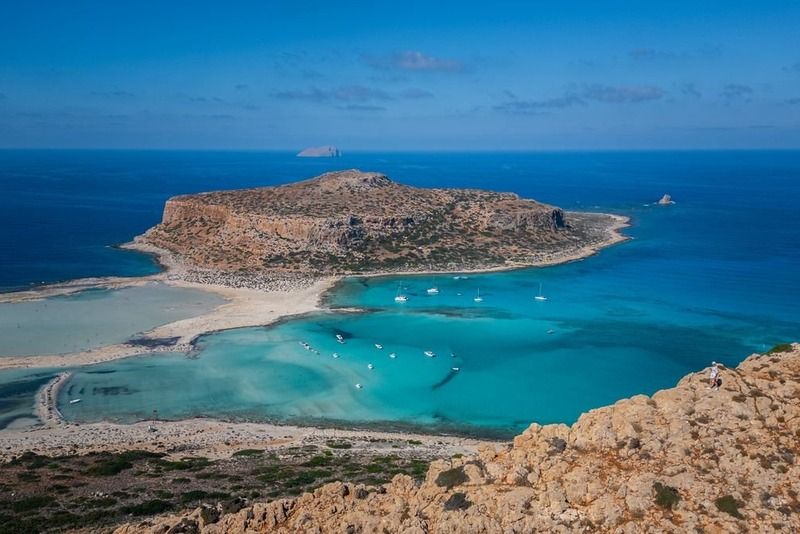 Aerial view of Balos Lagoon's turquoise waters and sandbar beach in Crete, Greece