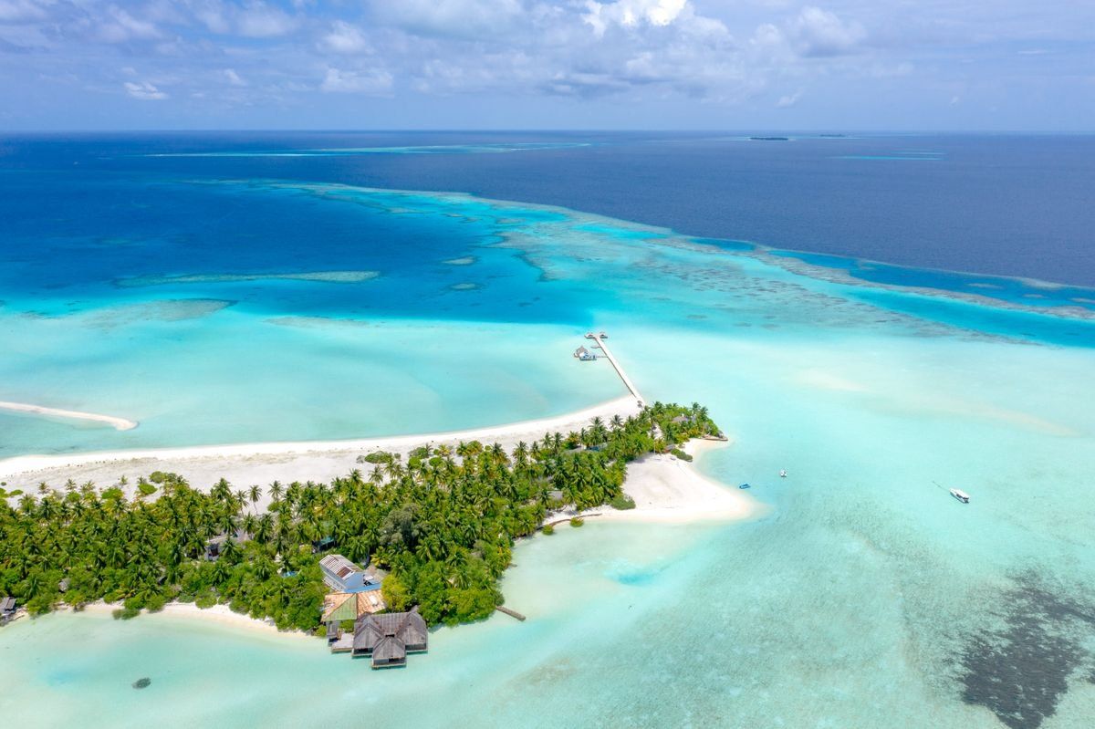 Aerial view of a tropical island with palm trees, white sand, and shallow turquoise water