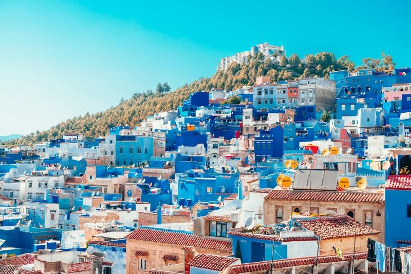 Blue-painted buildings covering a hillside in the town of Chefchaouen, Morocco