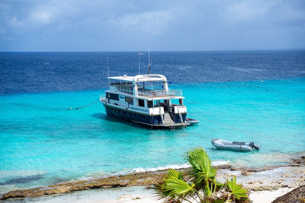 Tour boat anchored in clear turquoise water beside a rocky tropical shore