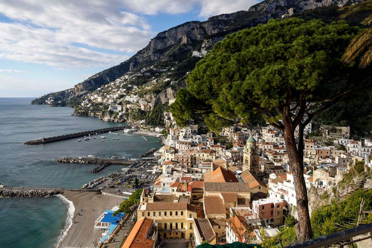 Amalfi Coast village on steep seaside cliffs with a beach, harbor, and pine tree in the foreground