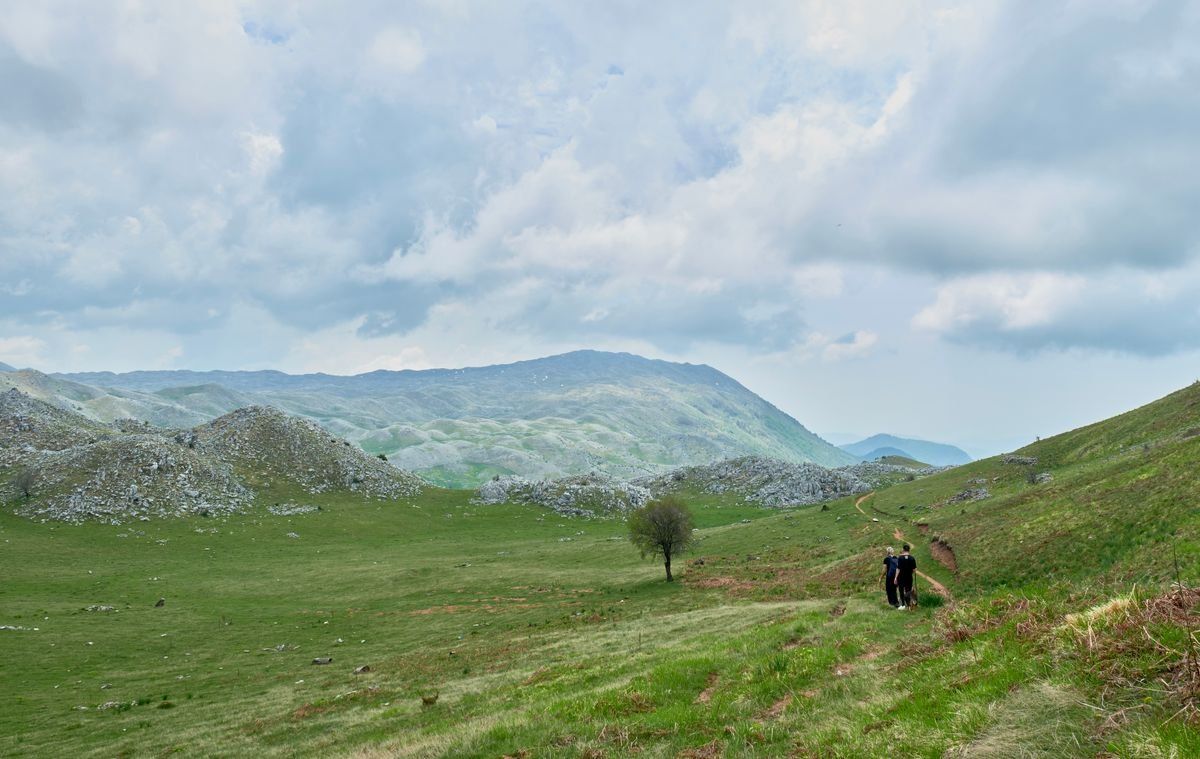 Three hikers walking across rolling green hills under a cloudy sky