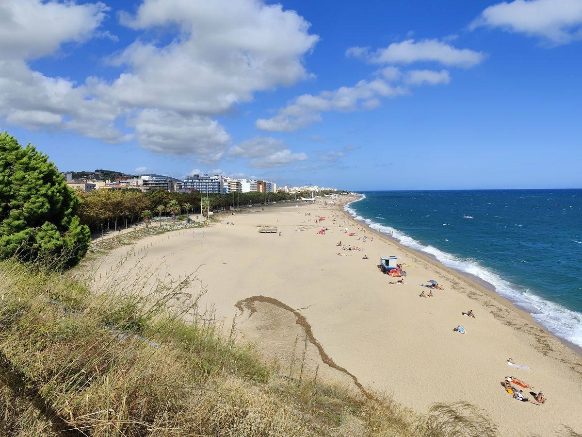 Wide sandy beach in Calella with scattered sunbathers, seaside buildings, and blue sea