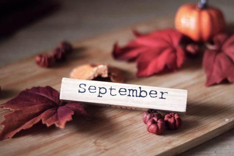 A wooden block engraved with 'September' surrounded by dried red maple leaves and small ornamental pumpkins on a rustic table