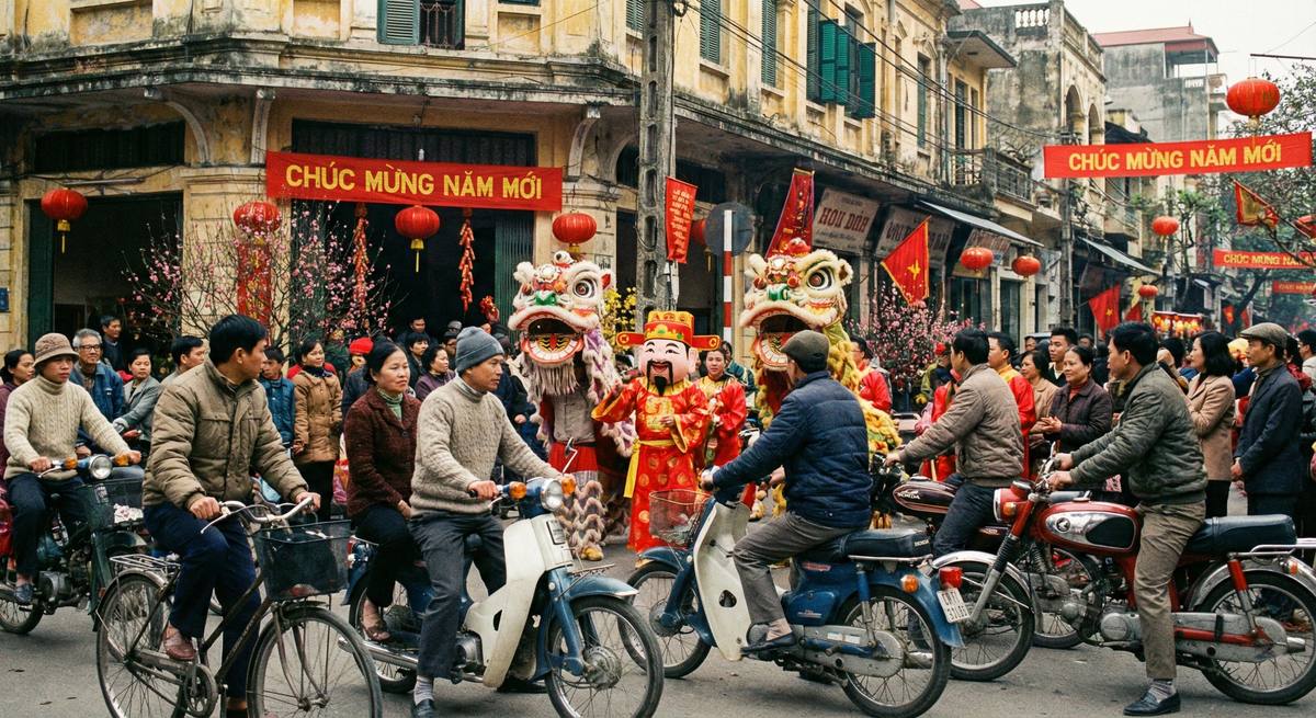 Dragon dance on a crowded Hanoi street as cyclists and motorbikes pass by