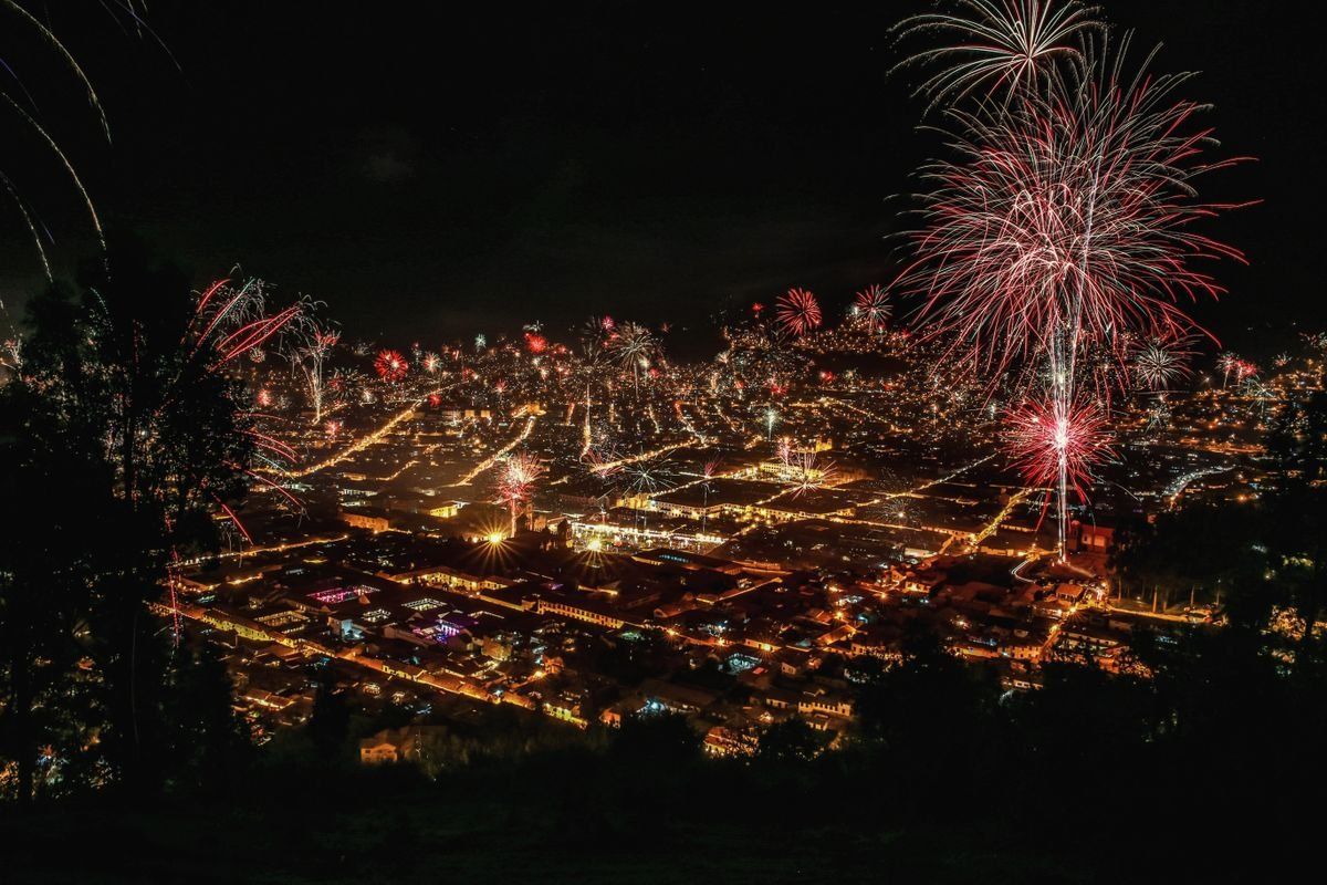 Large fireworks over a brightly lit city at night seen from a hillside overlook
