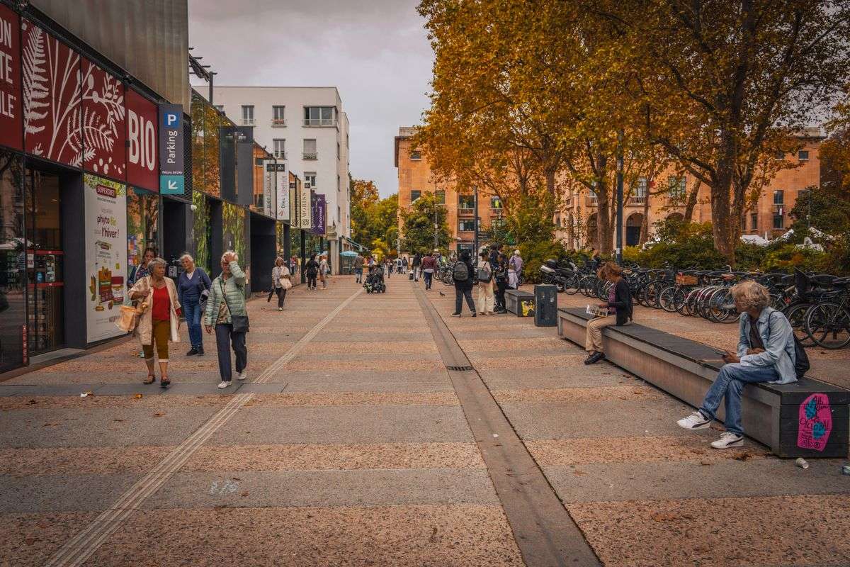 People strolling along a wide pedestrian street lined with autumn trees and parked bicycles
