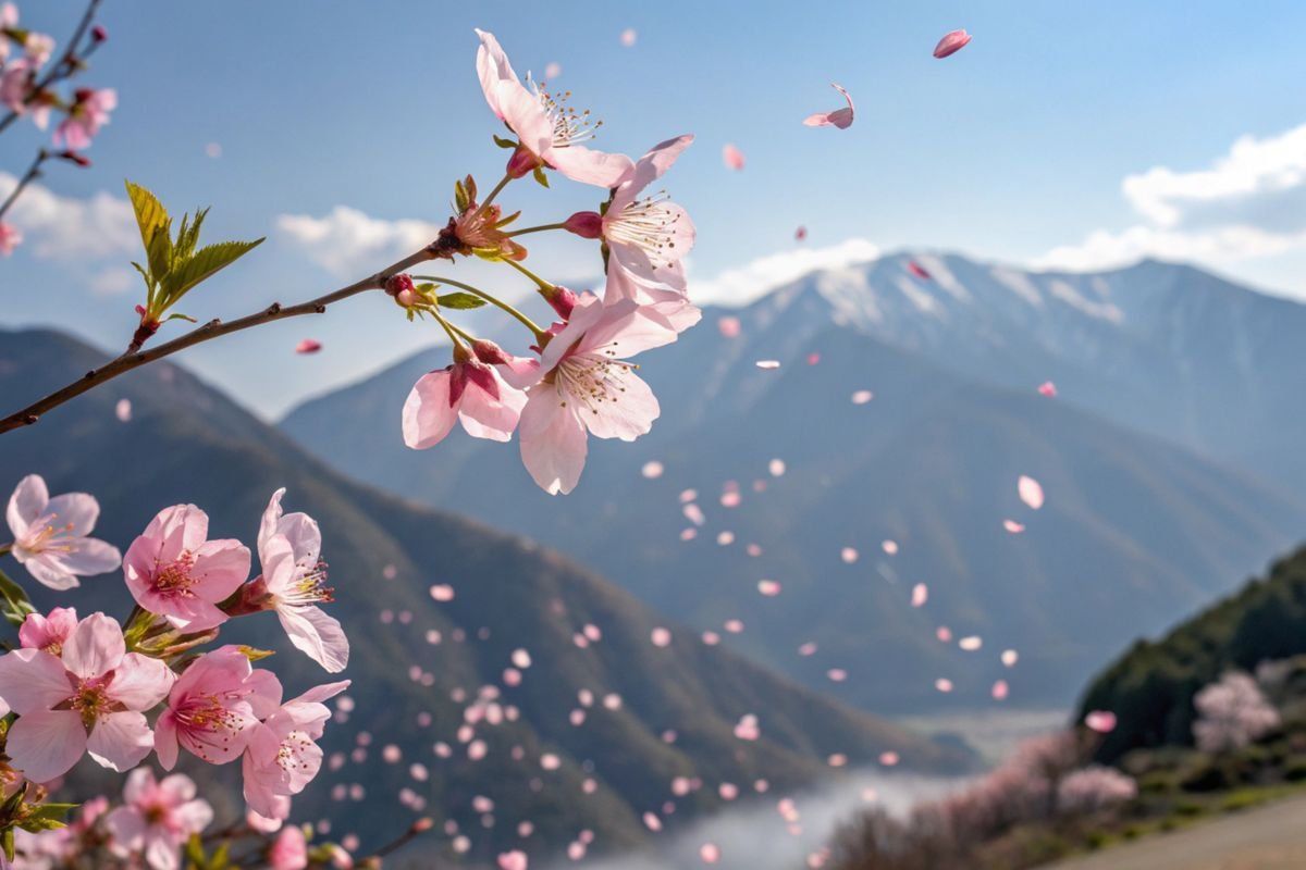 Pink cherry blossoms with drifting petals and hazy mountains under a blue sky