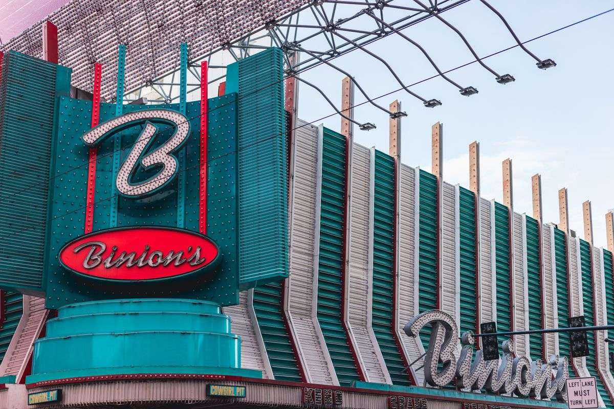 Binion's casino facade with turquoise panels and neon signs in downtown Las Vegas