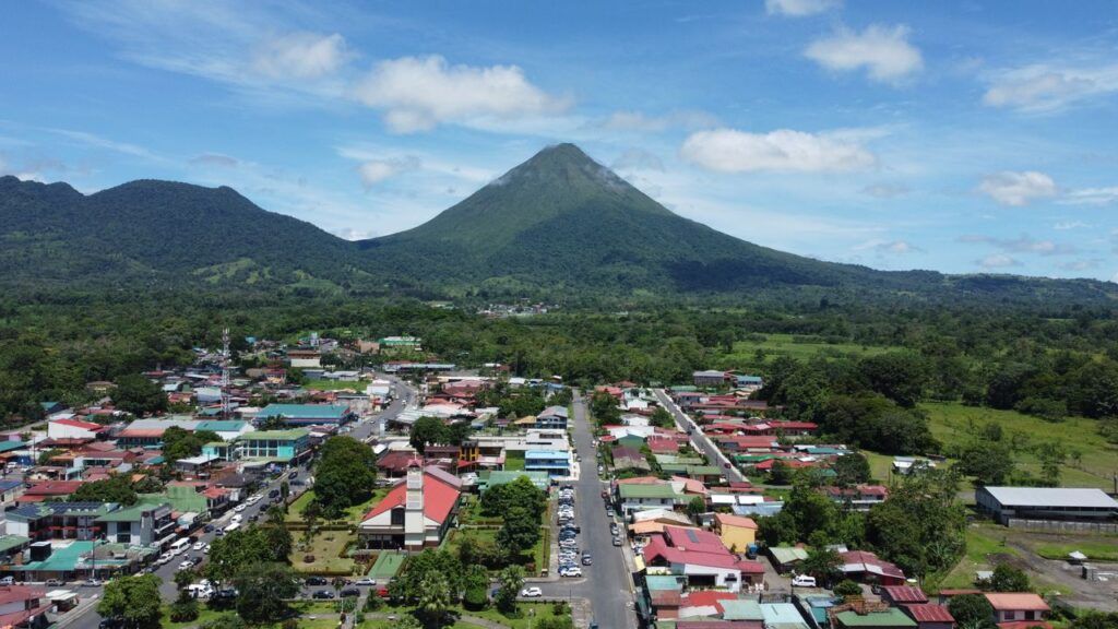 Aerial view of La Fortuna with Arenal Volcano in the background, Costa Rica