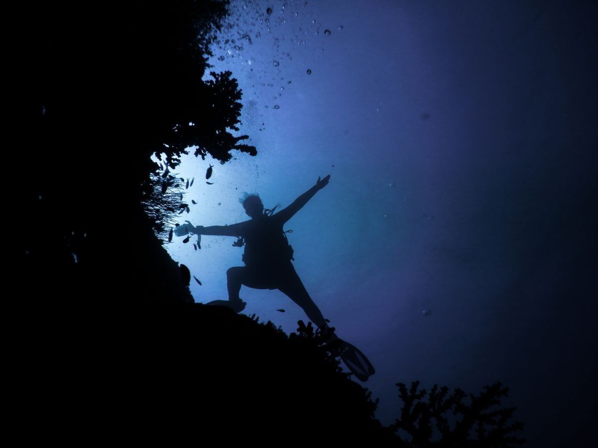 Silhouetted scuba diver with outstretched arms beside a reef wall in deep blue water